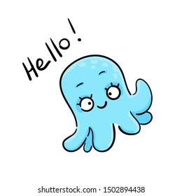 Hand drawn Cute octopus Smiling. Cartoon character vector illustration. Sketch for t shirt design, fashion print, graphic Greeting cards, posters, prints.