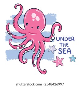 Hand Drawn Cute Octopus Vector Under the Sea Print Kids Trend Design 