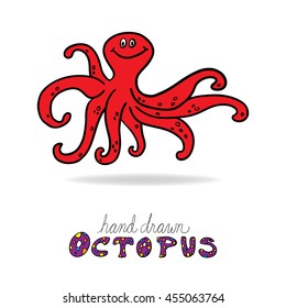 Hand drawn cute octopus vector with big eyes and happy smile, fun cartoon octopus drawing