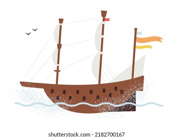 Hand drawn cute old frigate ship with sails, flags and water splashes around. Isolated on white vector illustration in flat style