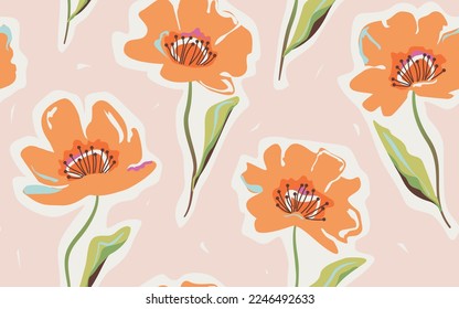 Hand drawn cute orange poppy flowers on a pink background. Modern seamless botanical pattern. Template for design, suitable for postcards, invitations, fabric, wallpaper, wrapping paper, decor.