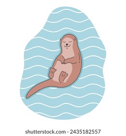 Hand drawn cute otter sleeping on water. Cartoon sleepy otter character. Vector illustration