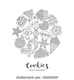 Hand drawn cute outline cookies with icing composed in circle shape with lettering.