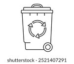 Hand drawn cute outline illustration of big garbage can with wheel. Flat vector trash bin, environmental pollution design in line art doodle style. Ecology sticker, icon. Rubbish disposal. Isolated.