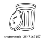 Hand drawn cute outline illustration of big garbage can with open lid. Flat vector trash bin, environmental pollution design in line art doodle style. Ecology sticker, icon. Rubbish disposal. Isolated