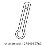 Hand drawn cute outline illustration mercury thermometer. Flat vector temperature measurement device line art doodle. Warm or hot weather sticker, icon. Climate changing or global warming. Isolated.