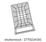 Hand drawn cute outline illustration of empty shopping cart. Flat vector store purchase container top view line art sticker doodle style. Grocery market or e-commerce icon with outline. Isolated.