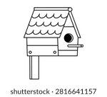 Hand drawn cute outline illustration of garden birdhouse. Flat vector backyard cozy bird box line art doodle. Hand made wooden house for nesting sticker. Spring season cleaning concept. Isolated.