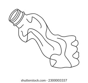 Hand drawn cute outline illustration of crumpled plastic bottle. Flat vector water package, garbage environmental pollution design in line doodle style. Ecology sticker, icon or print. Isolated.