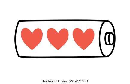 Hand drawn cute outline illustration of battery with heart inside. Flat vector fully charged accumulator symbol in doodle style. Mental health, self love sticker, icon. Isolated on white background.