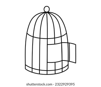 Hand drawn cute outline illustration of open cage. Flat vector release feelings and emotions in colored doodle style. Liberation, freedom concept sticker, icon or print. Isolated on white background.