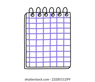 Hand drawn cute outline illustration of school spiral notebook. Flat vector college stationery with blank page in line art doodle style. Education or study sticker, icon. Back to school. Isolated.