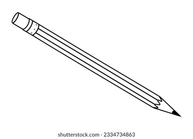 Hand drawn cute outline illustration school pencil. Flat vector college stationery with rubber in line art doodle style. Education or study sticker, icon. Back to school. Isolated on white background.