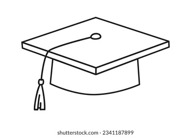 Hand drawn cute outline illustration of school graduation hat with tassel. Flat vector college graduate costume cap in line art doodle style. Education or study sticker, icon. Back to school. Isolated