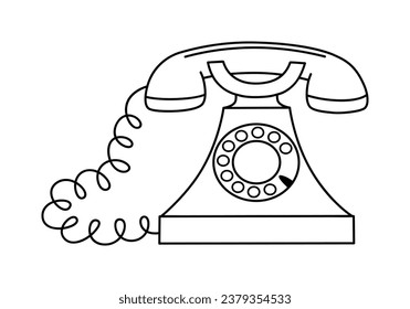 Hand drawn cute outline illustration of blue retro wired phone. Flat vector old telephone with dial sticker in simple line art doodle style. Call device icon or print. Isolated on white background.