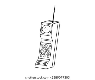 Hand drawn cute outline illustration of retro cell mobile phone. Flat vector old mobile brick telephone with antenna sticker in line art doodle style. Call device icon or print. Isolated on white.