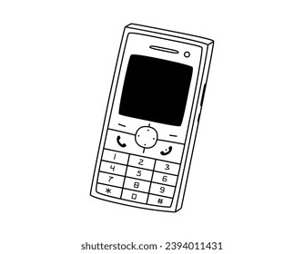 Hand drawn cute outline illustration of retro cell mobile phone. Flat vector old mobile telephone with buttons sticker in line art doodle style. Call device icon or print. Isolated on white background