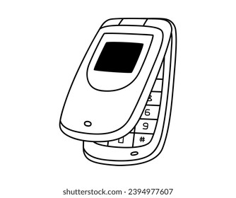 Hand drawn cute outline illustration of retro cell flip mobile phone. Flat vector old mobile telephone with buttons sticker in line art doodle style. Call device icon or print. Isolated on background.