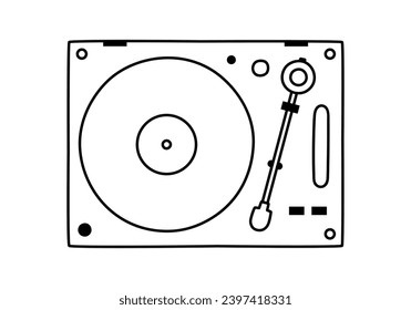 Dibujo manual de la linda ilustración de contorno de la vista superior del reproductor de discos de vinilo retro. Equipamiento de audio antiguo vector plano con pegatina de placa en estilo doodle de arte lineal. Dispositivo vintage para escuchar música. Aislado.
