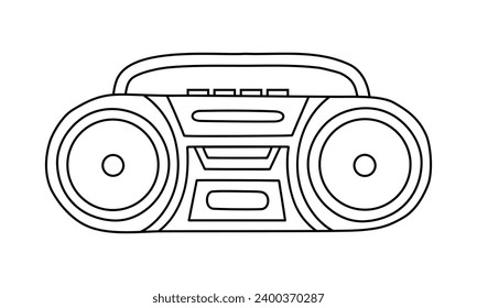 Hand drawn cute outline illustration of retro cassette player. Flat vector old audio equipment, boombox sticker in line art doodle style. Vintage device for listening music or radio icon. Isolated.