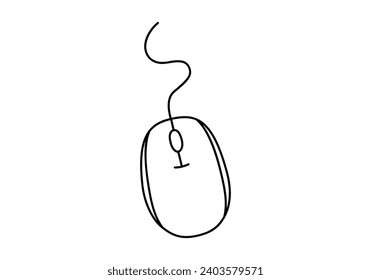 Hand drawn cute outline illustration of pc mouse. Flat vector computer accessory sticker in line art doodle style. Office or working device icon or print. Information technology. Isolated.