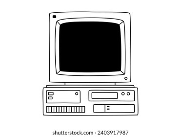 Hand drawn cute outline illustration of retro computer. Flat vector old pc sticker in line art doodle style. Vintage office or programmer device icon or print. Information technology. Isolated.