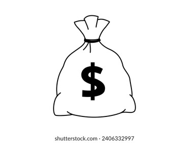 Hand drawn cute outline illustration of money bag with dollar sign. Flat vector sack with currency sticker in line art doodle style. Financial literacy or bank deposit icon. Financial wealth. Isolated