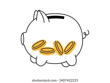 Hand drawn cute outline illustration of piggy bank with coins inside. Flat vector moneybox for savings sticker in line art doodle style. Financial literacy or bank deposit icon or print. Isolated.