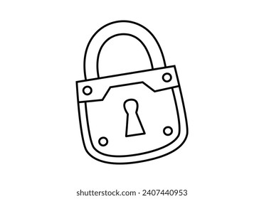 Hand drawn cute outline illustration of closed lock. Flat vector protection sticker in line art doodle style. Financial literacy or safety icon. Reliability and trust in banking. Security. Isolated.