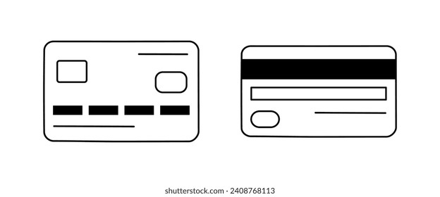 Hand drawn cute outline illustration of credit card on both sides. Flat vector money E-wallet sticker in line art doodle style. Shopping or payment icon or print. Online payment method. Isolated.