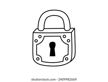 Hand drawn cute outline illustration of closed lock. Flat vector protection sticker in line art doodle style. Financial literacy or safety icon. Reliability and trust in banking. Security. Isolated.