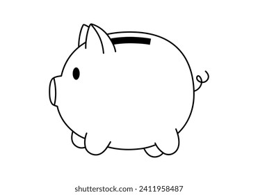 Hand drawn cute outline illustration of empty piggy bank character. Flat vector moneybox mascot for savings sticker in line art doodle style. Financial literacy or bank deposit icon or print. Isolated