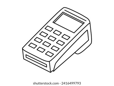 Hand drawn cute outline illustration POS terminal. Flat vector money transaction device sticker in line art doodle style. Shopping or payment icon or print. Payment by card. Bank operation. Isolated.