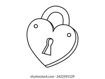 Hand drawn cute outline illustration of closed lock in heart shape. Flat vector abandonment of relationship, loneliness sticker in line art doodle style. Valentine's Day icon. Wedding vow. Isolated