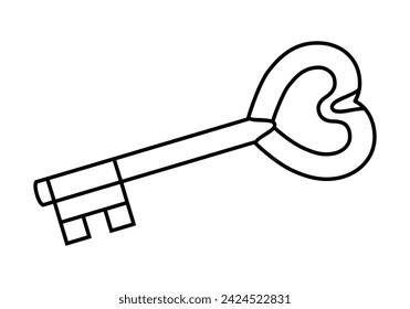 Dibujado a mano lindo contorno ilustración de la llave en forma de corazón. Vector plano de búsqueda de amor sticker línea de arte estilo doodle. Icono de San Valentín. Comprensión o lealtad. Mantén los sentimientos encerrados. Aislado.