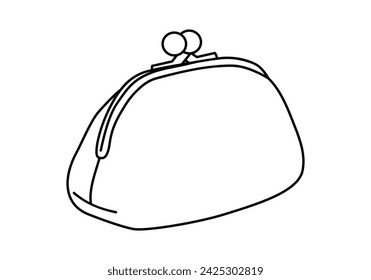 Hand drawn cute outline illustration of coin purse. Flat vector money wallet sticker in line art doodle style. Shopping or payment icon or print. Pouch for cash. Monetary savings. Isolated.