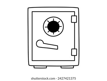 Hand drawn cute outline illustration of closed safe. Flat vector strongbox sticker in line art doodle style. Safety icon. Reliability and trust in banking. Security system. Isolated.