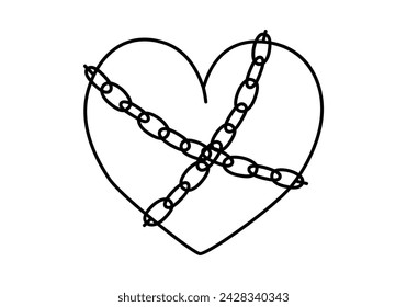 Hand drawn cute outline illustration heart in chains. Flat vector abandonment of the relationship, loneliness sticker in line art doodle style. Valentine's Day and loyalty icon. Wedding vow. Isolated.