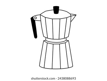 Dibujado a mano lindo contorno de la ilustración de la cafetera del géiser del camping. Vector plano al aire libre caliente bebida de cocina pegatina en línea arte doodle. Desayuno de turismo espresso icono. Aventura, senderismo. Aislado.