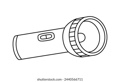 Hand drawn cute outline illustration of camping flashlight. Flat vector outdoor light equipment sticker in line art doodle style. Tourism pocket torch icon with outline. Adventure, hiking. Isolated.