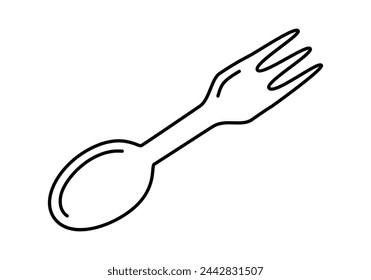 Hand drawn cute outline illustration of camping fork and spoon flatware. Flat vector multifunctional cutlery sticker line art doodle style. Tourism survival utensil icon. Adventure, hiking. Isolated.