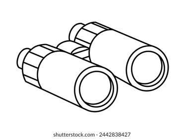 Hand drawn cute outline illustration camping binoculars. Flat vector searching optical instrument sticker line art doodle style. Tourism discover or explore utensil icon. Adventure, hiking. Isolated.
