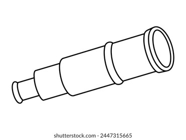 Hand drawn cute outline illustration spyglass. Flat vector outdoor searching optical telescope sticker in line art doodle style. Tourism discover or explore icon. Searching for opportunity. Isolated.