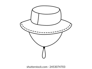 Hand drawn cute outline illustration of camping hat. Flat vector outdoor tourist cap sticker in line art doodle style. Tourism protection headdress from sun icon or print. Adventure, hiking. Isolated.