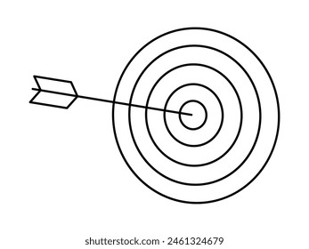 Hand drawn cute outline illustration of arrow hit center of target. Flat vector hit the bull's eye in line art doodle. Successful business strategy icon. Goal achievement. Problem solution. Isolated.