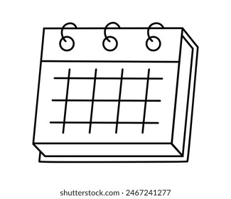 Hand drawn cute outline illustration of calendar. Flat vector timetable or schedule stationery page in line art doodle style. Planning or time management icon. Event deadline. Isolated on white.