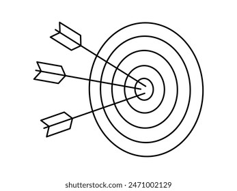 Hand drawn cute outline illustration of three arrows hit center of target. Flat vector hit bull's eye line art doodle. Successful business strategy icon. Goal achievement. Problem solution. Isolated.