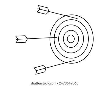 Handgezeichnete niedliche Umriss-Illustration des Pfeils verfehlt Mitte des Ziels. Flache Vektorgrafik Doodle-Fehlschuss. Falsches Symbol für Strategielinienkunst. Fehlgeschlagener Versuch. Lösung finden. Verpasste Chance. Isoliert.