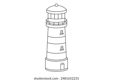 Hand drawn cute outline illustration lighthouse. Flat vector direction choice in line art doodle style. Support or help in ocean icon. Navigation tower. Strategy solution. Way decision. SOS. Isolated.