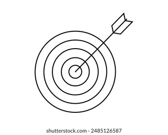 Hand drawn cute outline illustration of arrow hit center of target. Flat vector hit the bull's eye in line art doodle. Successful business strategy icon. Goal achievement. Problem solution. Isolated.